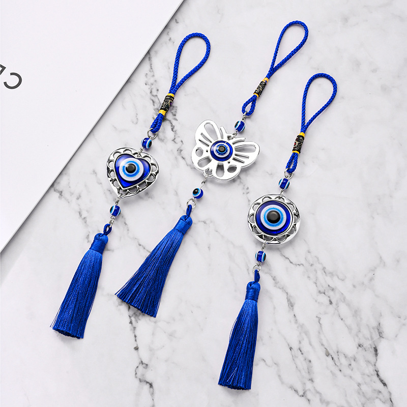 Cross-border Hot Love Round Butterfly Metal Blue Eye Pendant Turkey Devil's Eye Tassel Hanging Ornament