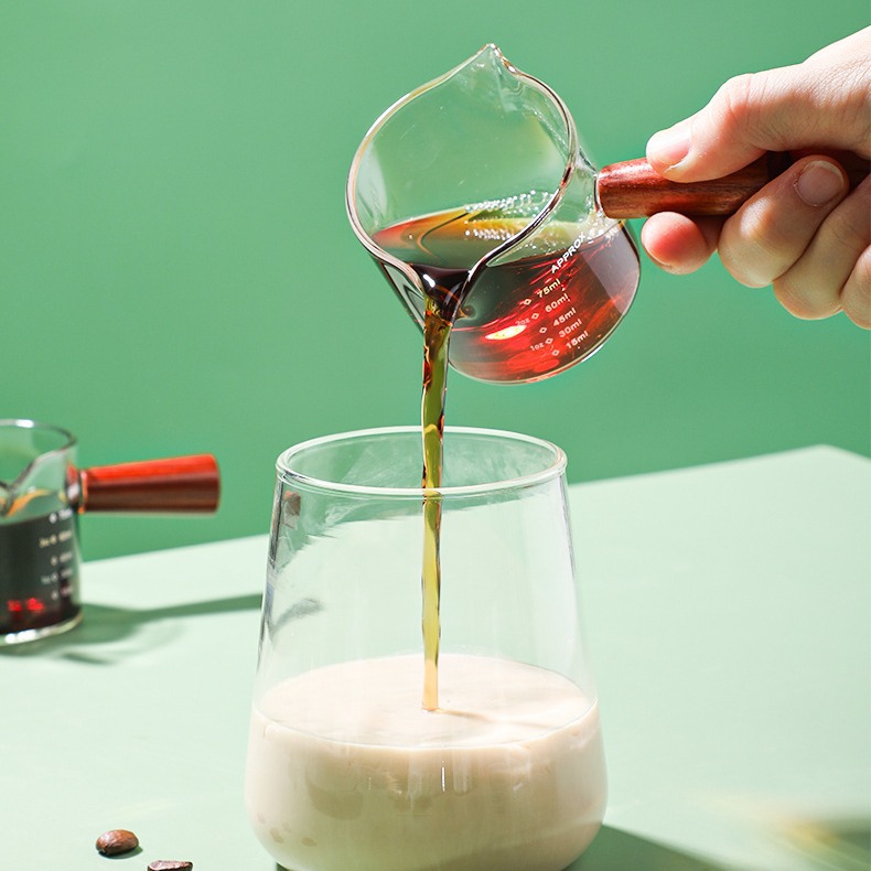 Picture of Wooden handle glass small Milk Cup espresso cup scale measuring cup double mouth sharing pot latte cup Mini Milk Jar