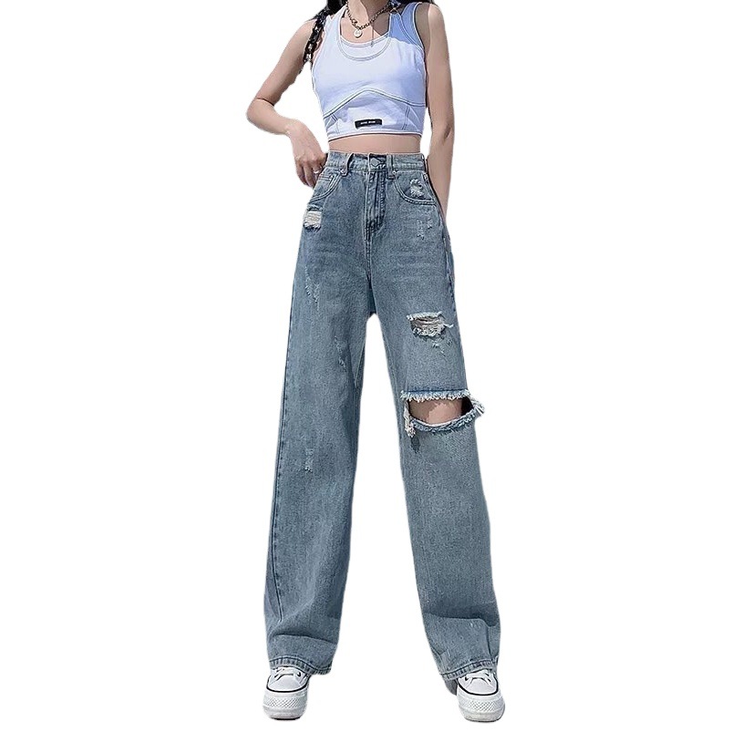 2024 New High Waist Straight Ripped Jeans Women's Summer Thin Loose Dipped Wide Leg Pants Women