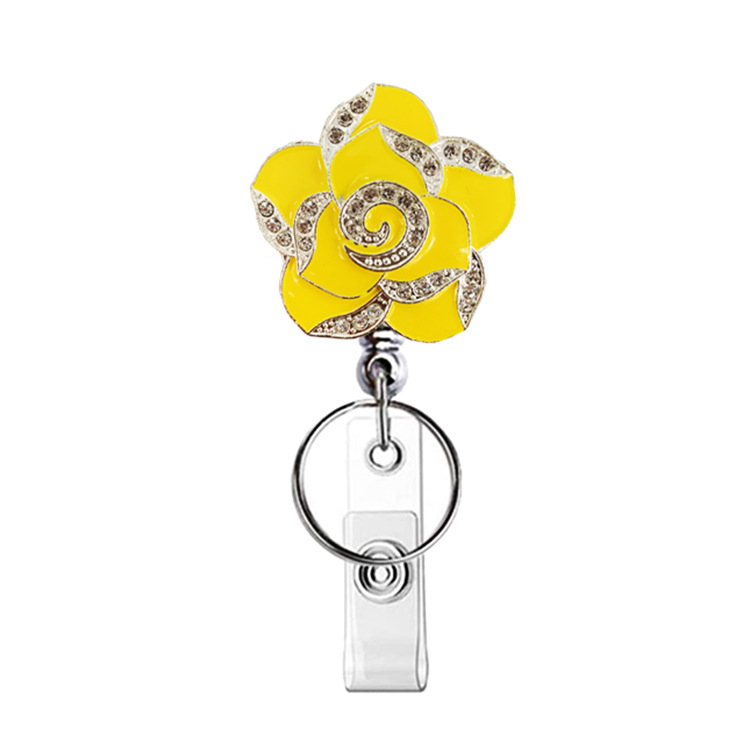 Picture of Silver Electroplating easy pull buckle metal color rhinestone drop oil rose Camellia retractable buckle easy pull ID buckle