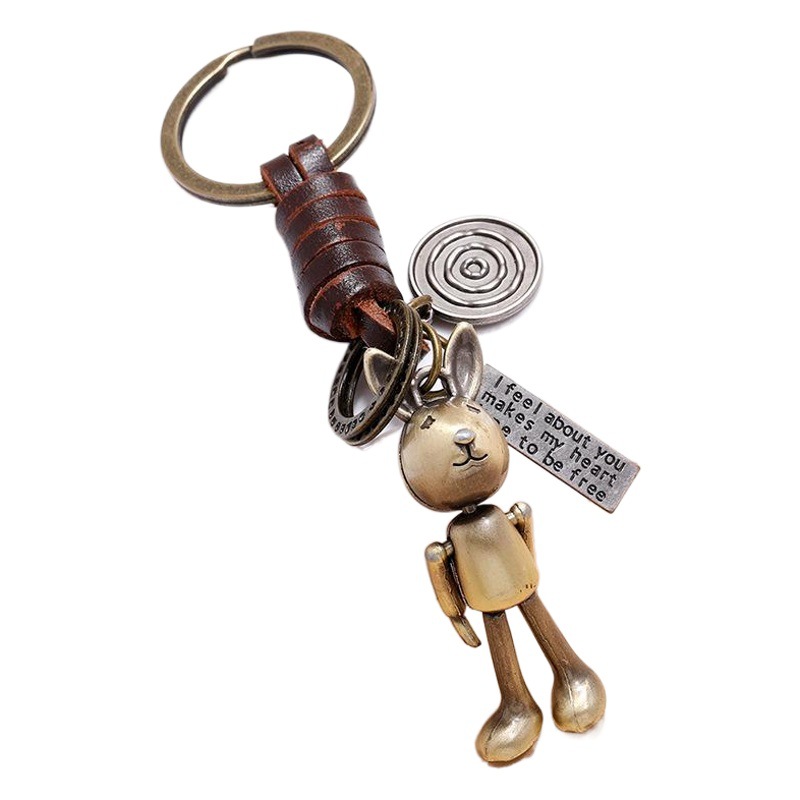 Retro hand-woven movable cartoon robot cowhide keychain creative simple small gift Car pendant