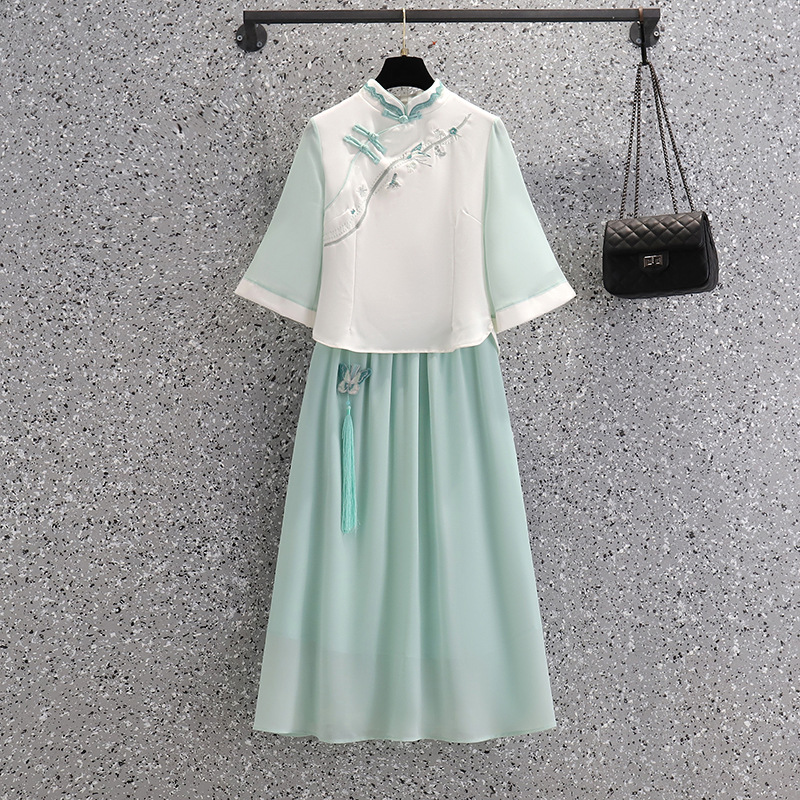 Picture of Cheongsam Top Embroidered Violet Dress Two-Piece Chinese Ethnic Costume Hanfu Improved Retro Zen Tea Suit for Summer