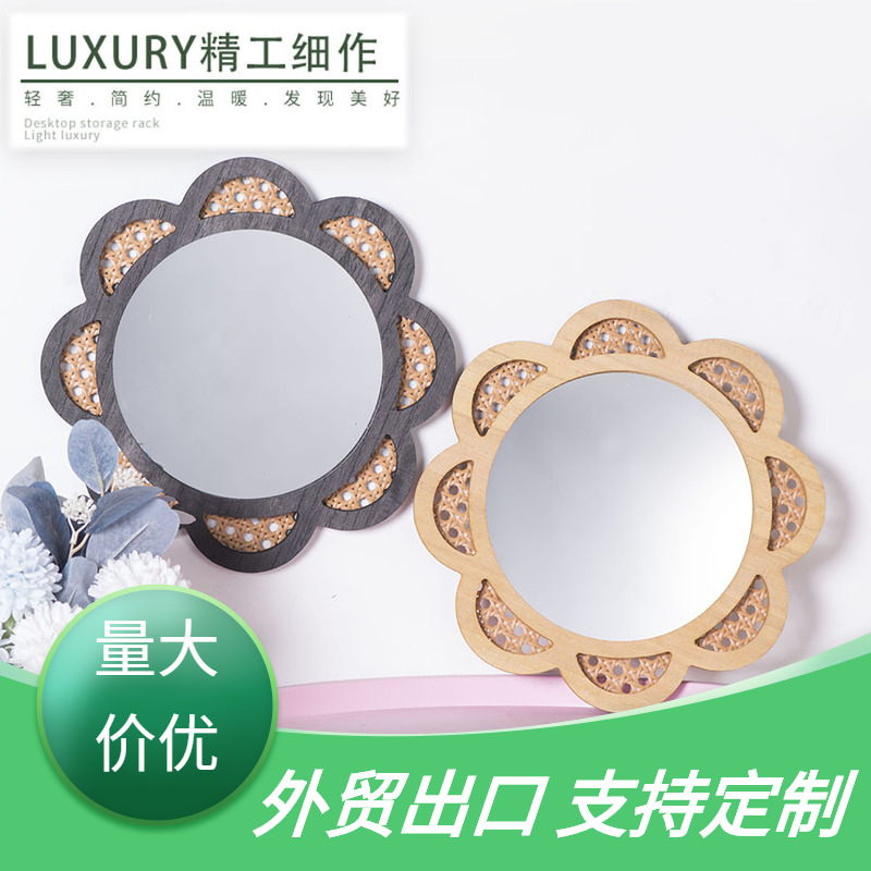 Round Decorative Mirror Imitation Rattan Makeup Mirror Hotel Living Room Homestay Living Room Creative Hanging Art Shooting Props Mirror