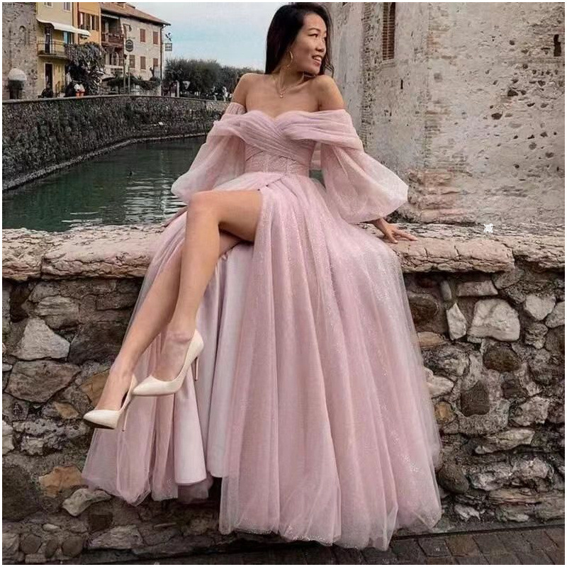 Foreign Trade Hot Sale High Waist Off-Shoulder Slimming Sexy High Slit Light Veil Dress Bridesmaid Dress Art Test Evening Dress