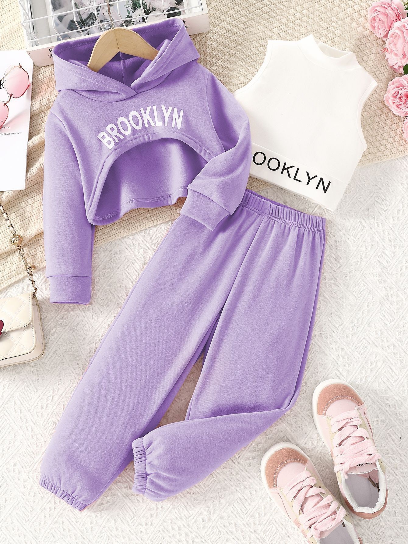 Picture of Spring and Autumn European and American Girls College Style Sweatshirt Sweet and Hot High Neck Vest Stacked Bottoming Pants Letter Printed Three-Piece Set