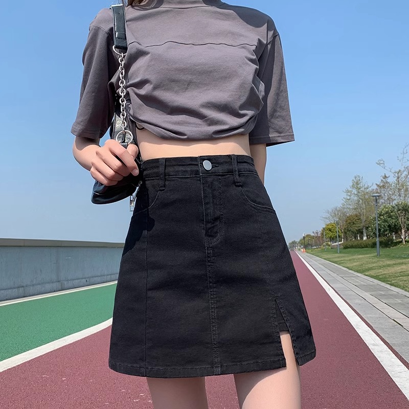 Thin ins style summer black denim skirt women's half-length stretch high waist split anti-exposure A- line hip pants skirt