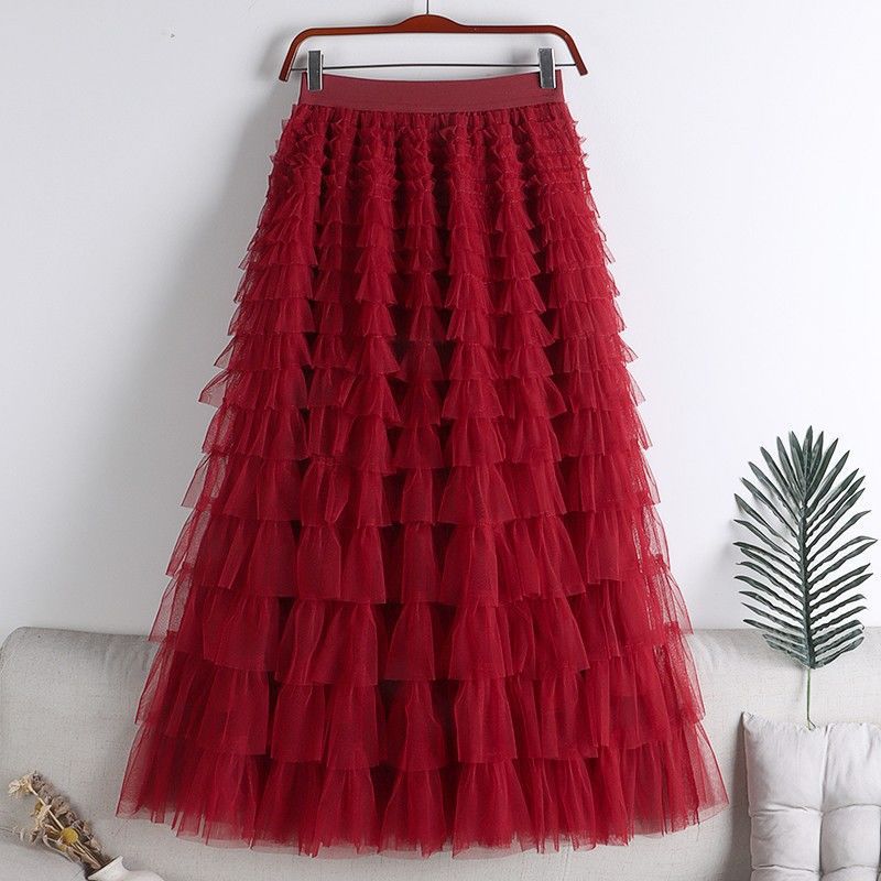 Picture of Mesh Splicing Cake Skirt 2025 Spring, Summer, Autumn and Winter New Mid-Length Skirt A-Line Long Skirt Fluffy Gauze Skirt