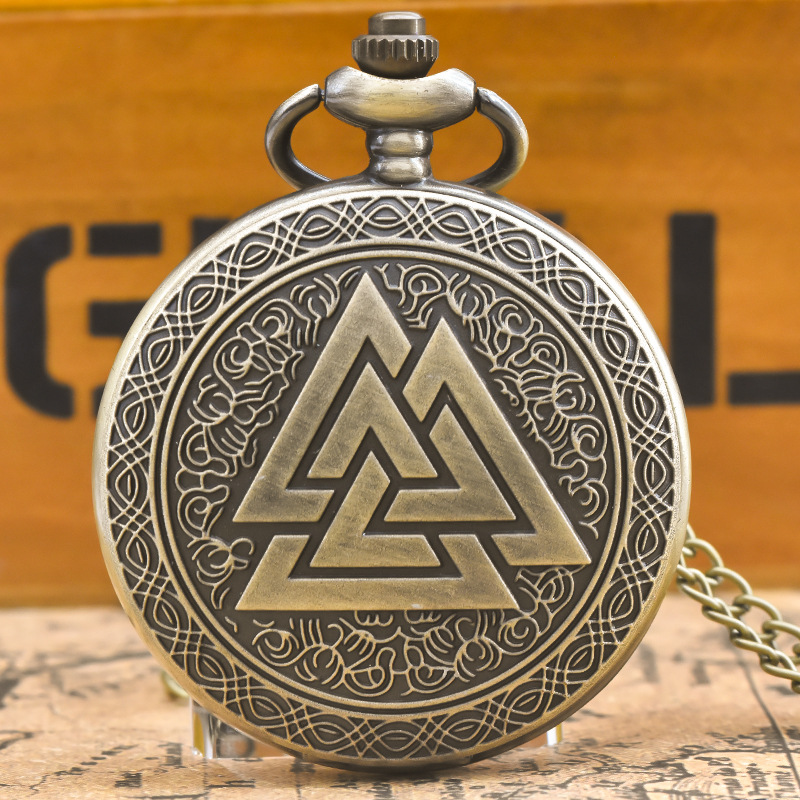 Picture of Bronze Pocket Watch Personalized Quartz Pocket Watch Triangle Pattern Hanging Chain Male and Female Gift Pocket Watch Factory Straight Hair Pocket Watch
