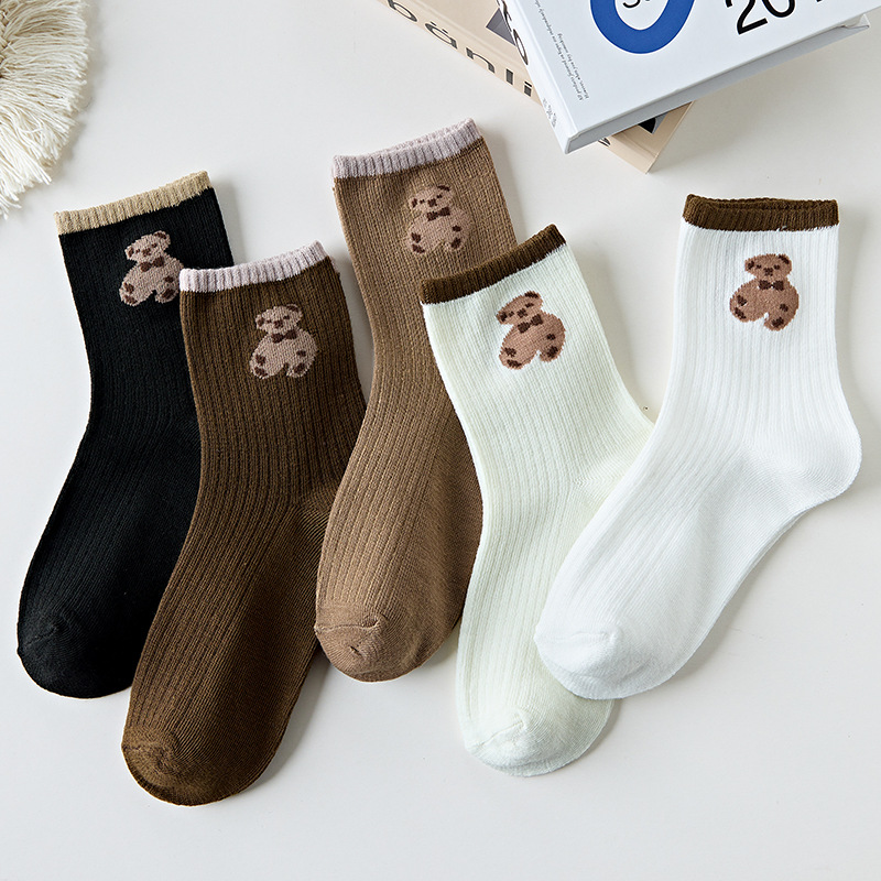 Socks women's mid-calf socks solid color Bear Spring and autumn warm women's stockings cartoon fashion Japanese factory wholesale delivery