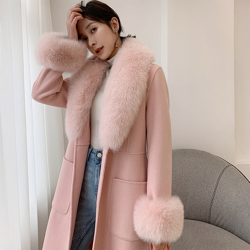 Picture of Australian wool double-sided cashmere three-dimensional skirt fox fur collar mid-length slim-fit princess pink woolen coat all-match