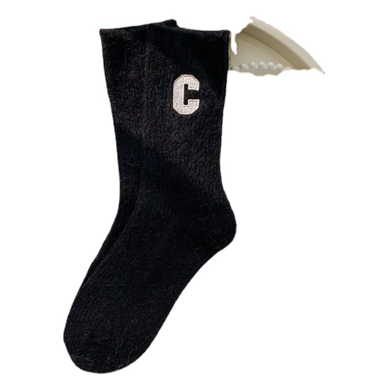 Socks women padded plush tube socks embroidered letters large C warm socks Japanese cute pile socks ins tide wholesale