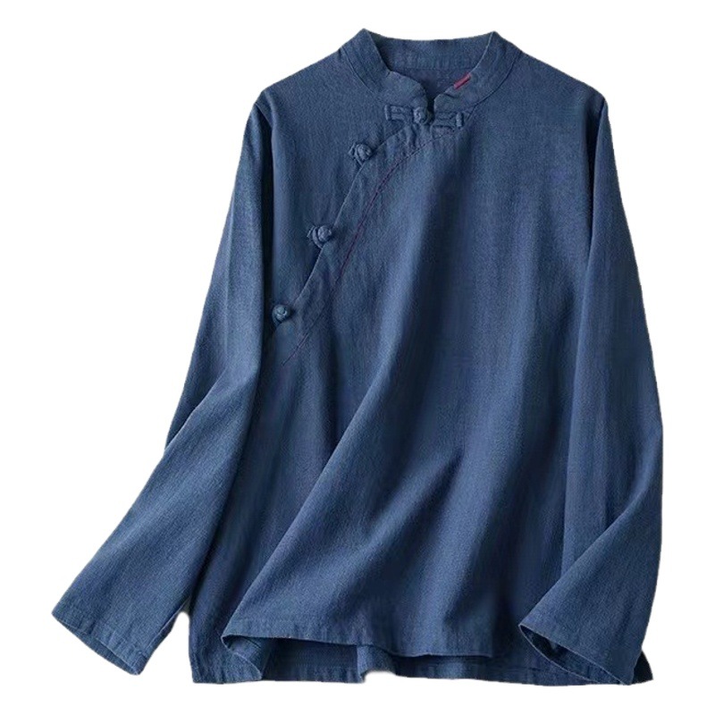 Women's artistic foreign trade retro cotton and linen long sleeve spring/summer autumn loose slimming top stand collar diagonal button shirt