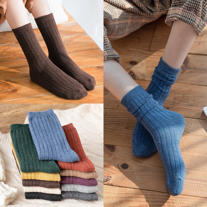 Autumn and Winter new all-match strip Retro Pile socks women's retro solid color mid-calf women's socks factory in stock wholesale