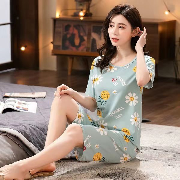 Pajamas Women's Summer plus size Short-sleeved Capri Pants Summer Women's suit Outwear Korean-style Cute Home Wear Thin