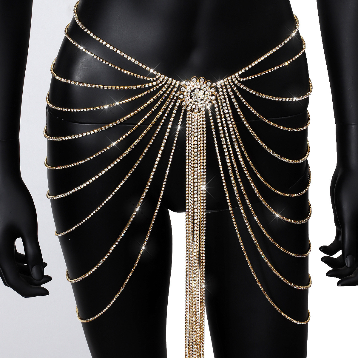 Picture of Distinctive Exaggerated Shiny Full Diamond Body Chain Women's European and American Fashion Banquet Show Sexy Rhinestone Tassel Waist Chain Skirt