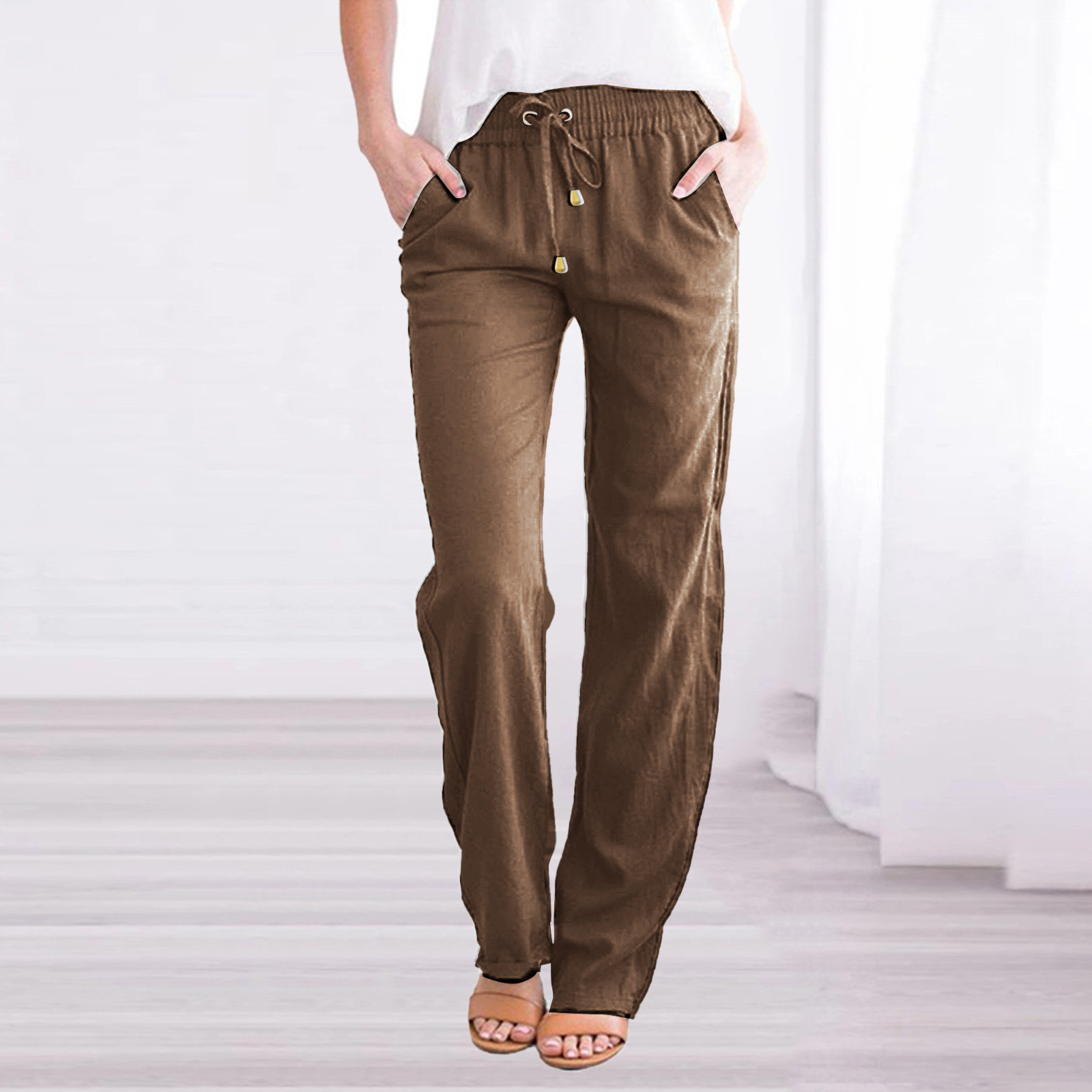 Picture of 2025 Cross-Border Ebay Amazon Wish Spring and Summer New Pure Color Cotton and Linen Loose Drawstring Casual Wide-Leg Pants for Women