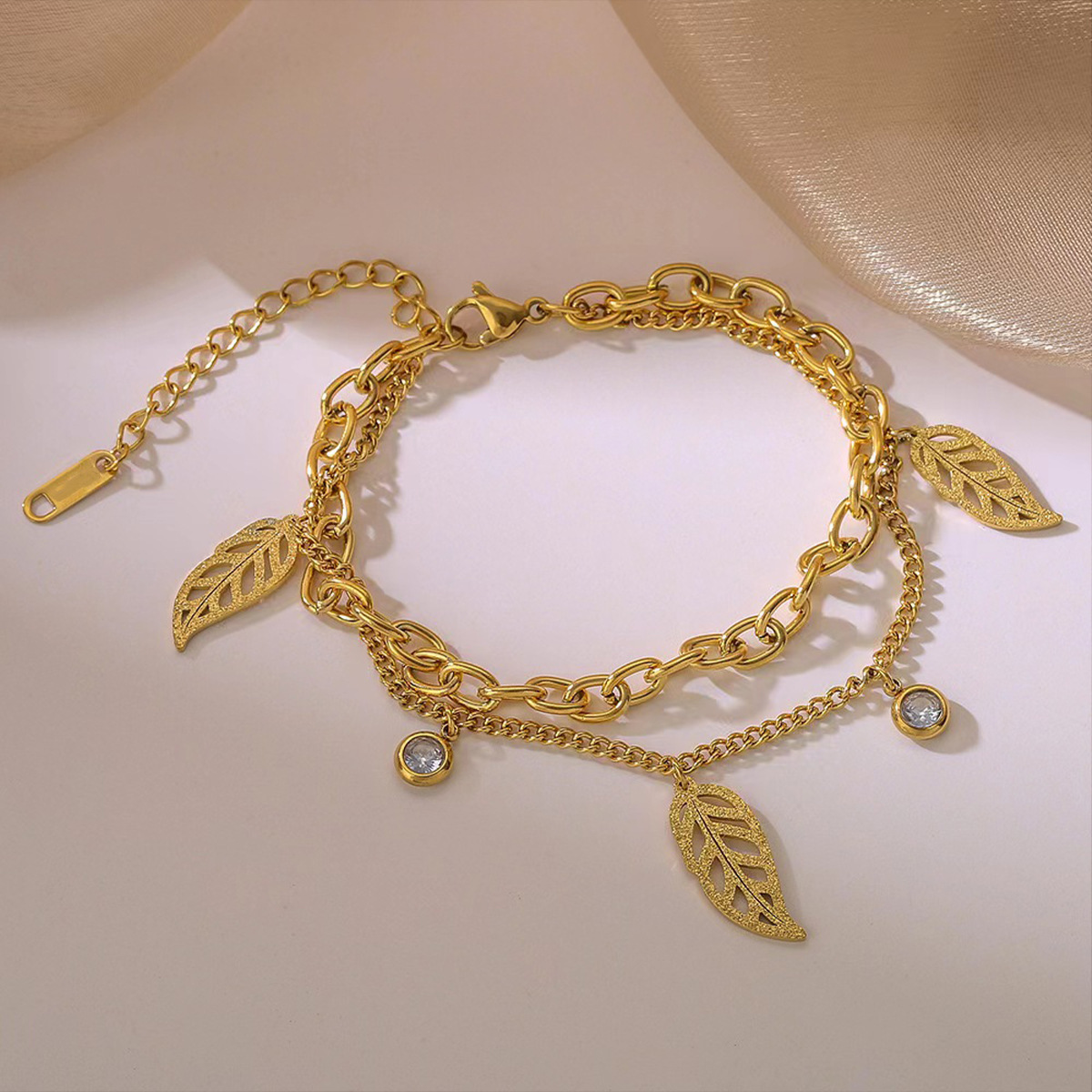 Korean Style Simple and Fashionable Niche Titanium Steel Metal Double-Layer Stacked Chain Leaf Diamond Pendant Jewelry Accessories Bracelet