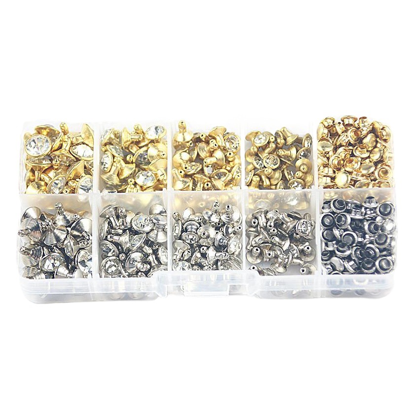 Supply Cross-Border 240 Sets of Rhinestone Tube Drill Rivets, A-Grade Drill Gold and Silver Edge Drill Nails, Flowering with Drill Bumping Nails, Cap Nail Buckles
