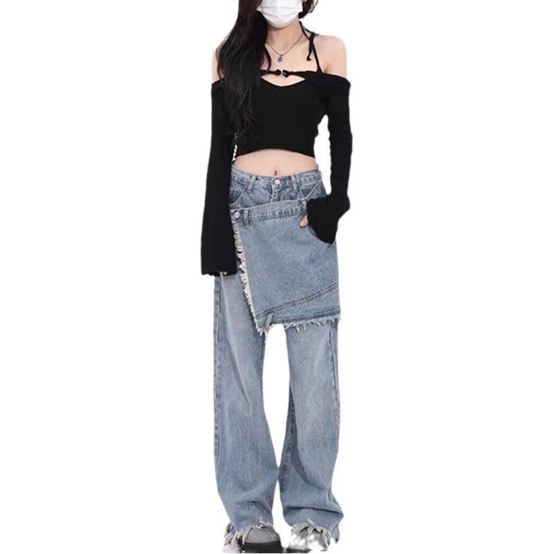 Cross-border Retro Design Sense Niche Stitching Jeans Women's Spring and Autumn Korean-style Slimming Straight-leg Wide-leg Pants