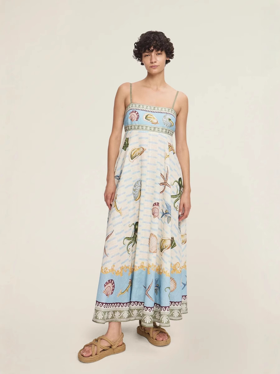 European and American Cross-Border 2025 New Product Independent Station Aliexpress Fashionable Cotton and Linen Printed Elegant Casual Dress