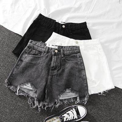 Picture of Cotton-Containing Ripped High-Waisted Denim Shorts for Women Summer 2021 Versatile Slimming Look A-Line Pants Raw Edge Frayed Wide-Leg Pants for Women