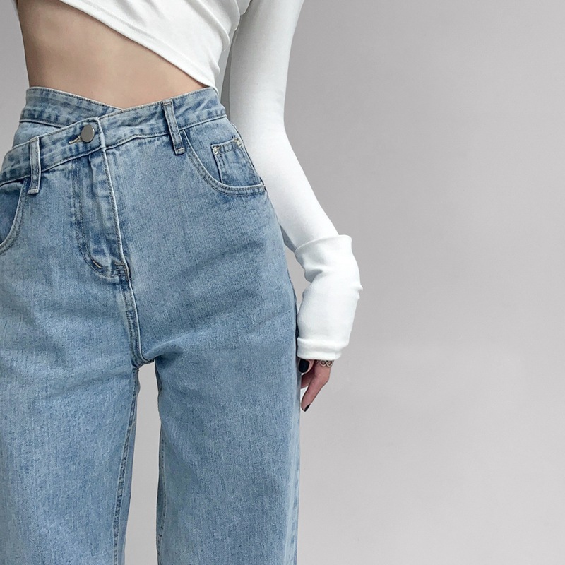 Irregular Design Sense Loose Straight Jeans Women's Korean Style Oblique Buckle High Waist Slimming Niche Wide Leg Floor Trousers