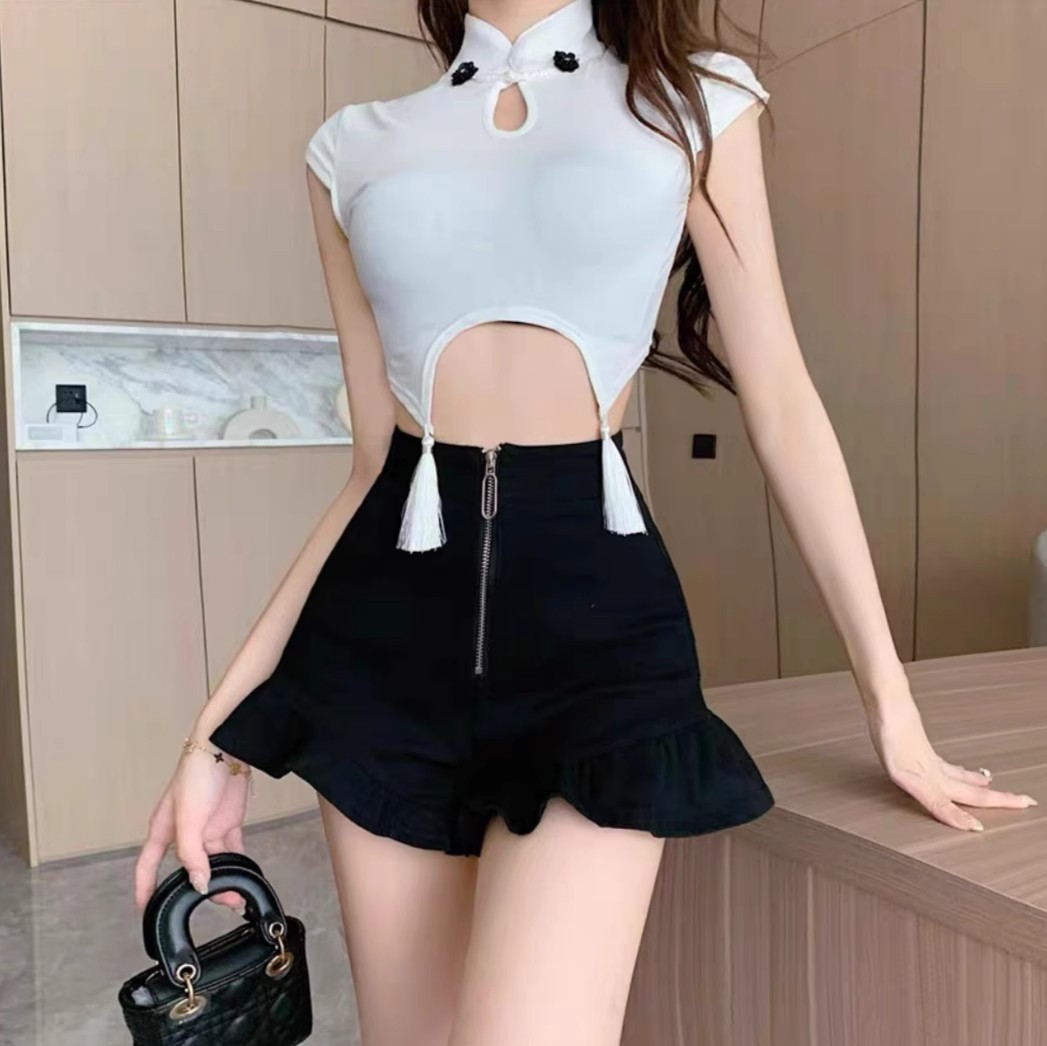 Design Sense Summer Women's Middle Zipper Elegant Spice Girl Spring and Autumn A- line Skirt Poncho Ruffled Petite Hot Pants