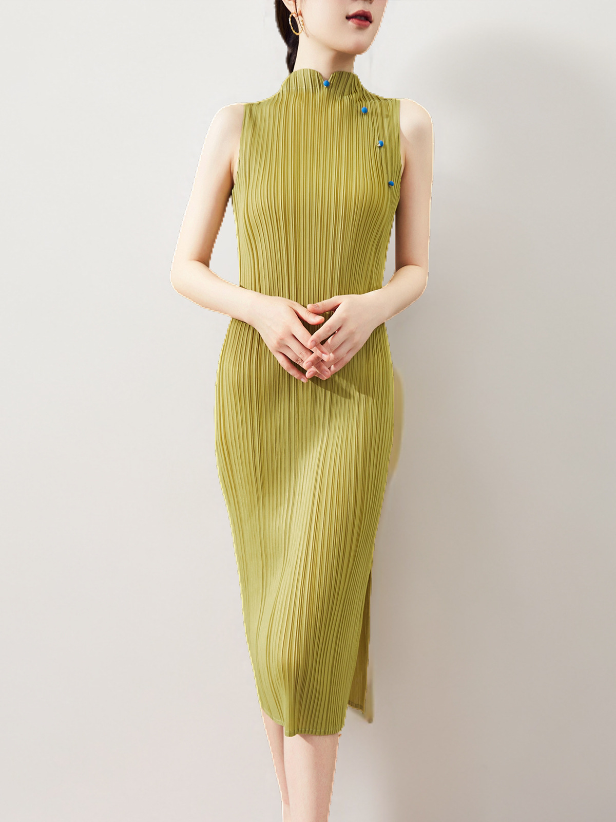 Improved Cheongsam dress Women's Summer High-end Style Sleeveless Mid-length Split Elegant Pleated Cheongsam Dress
