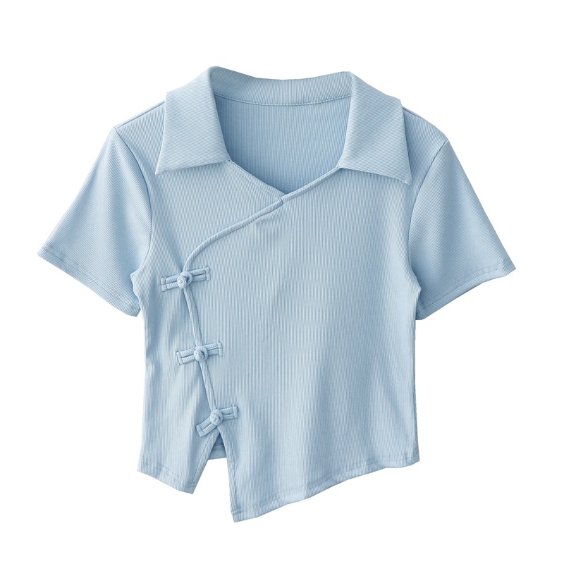 Summer New Chinese Retro Style Small V-neck Irregular Buckle Slim-fit Slimming Simple Solid Color Short Sleeve T-shirt Top