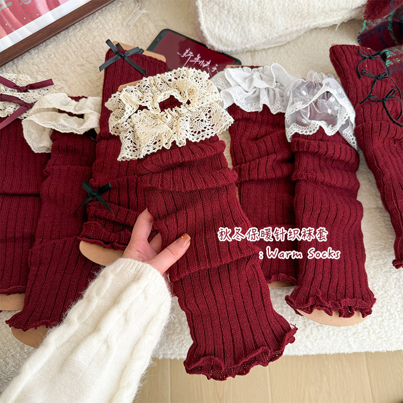 Sock cover women's autumn and winter encore red leg set Lolita Korean lace New Year Christmas red ballet style JK calf socks