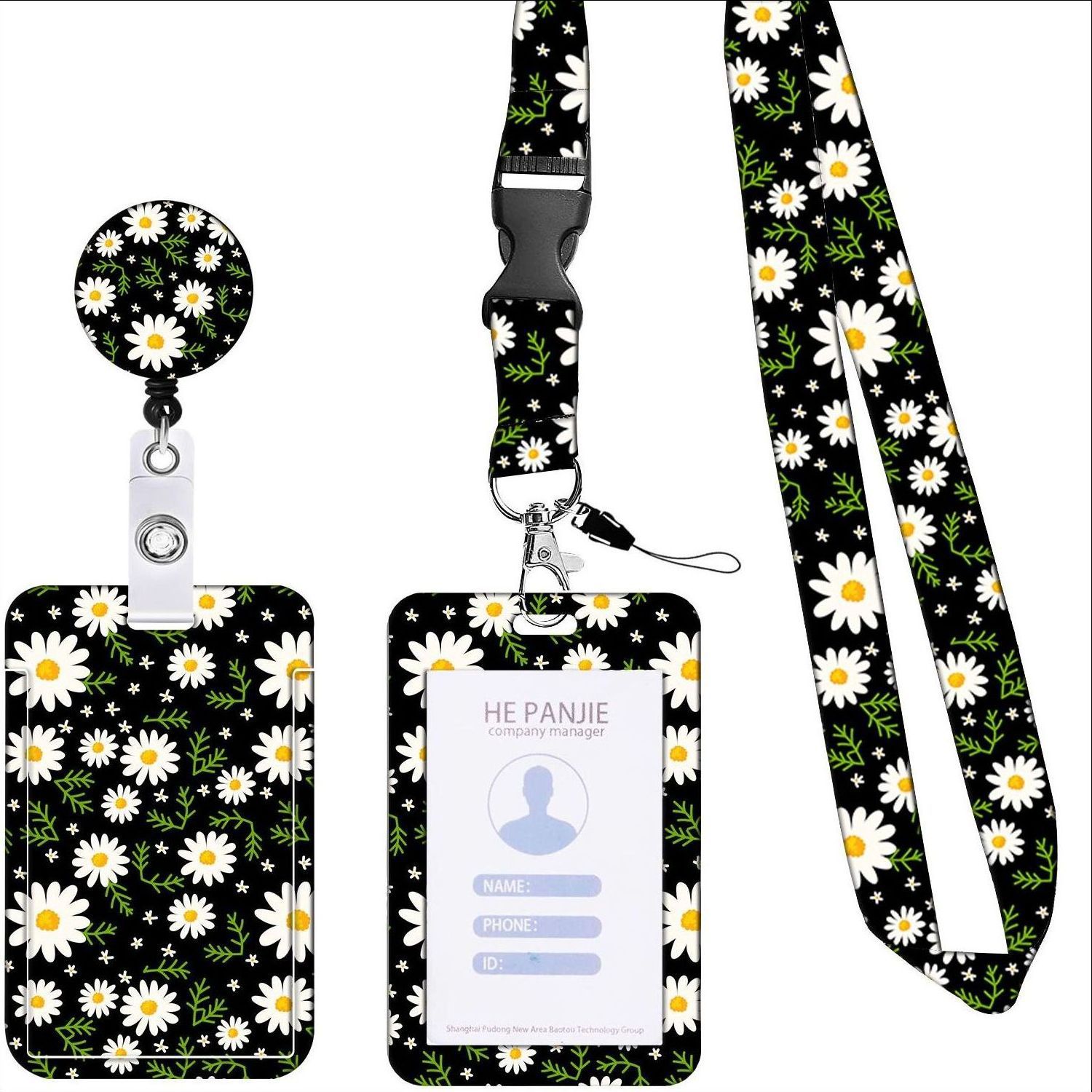 Picture of Retractable easy-pull buckle Badge clip small floral pattern ID card holder ID lanyard easy-pull telescopic buckle