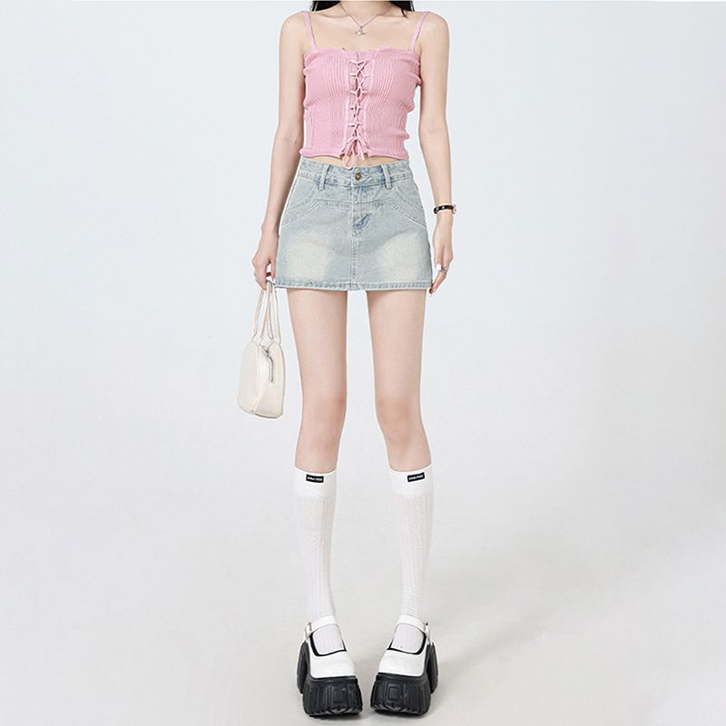 Denim A- line Skirt Women's 2024 Summer New Design Sense Niche Anti-running Skirt High Waist Hip Skirt