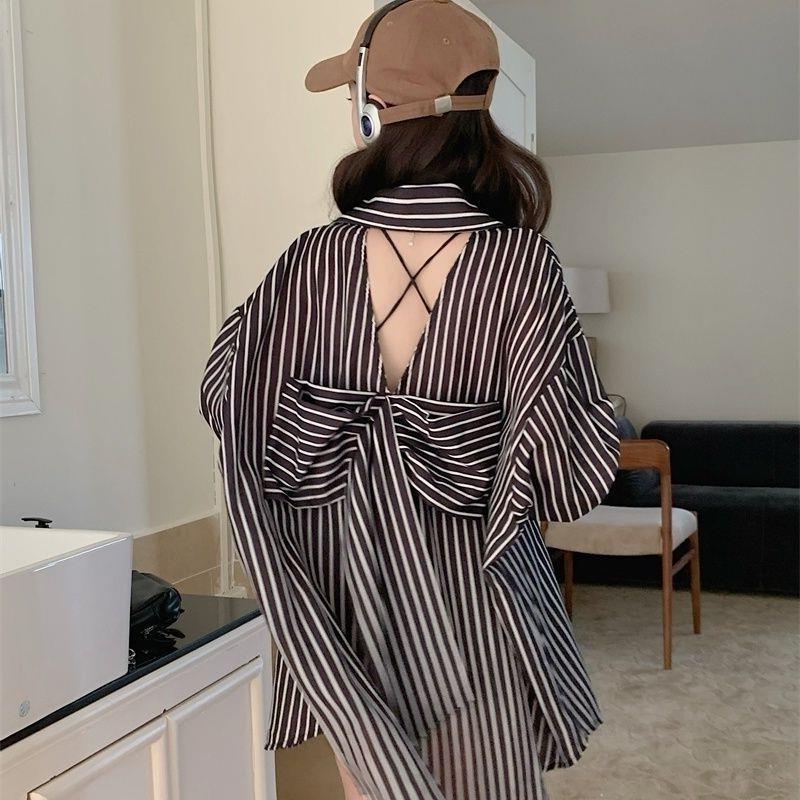 New Korean Style Loose Hong Kong Style Sexy Backless Striped Shirt Women's Spring and Autumn Loose Bow White Shirt Trendy