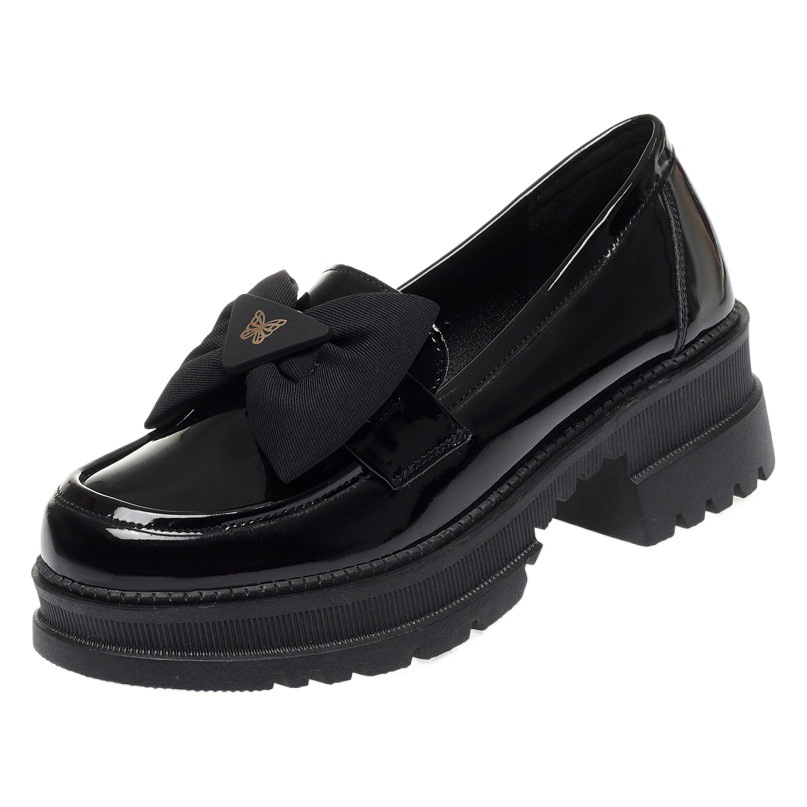 Spring and Autumn New loafers patent leather bow single-layer shoes women's thick heel platform British style all-match black leather shoes
