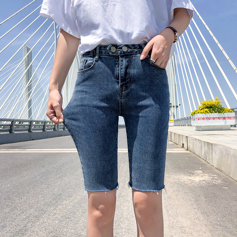 Denim Shorts Women's Rhole Tight Five-point Pants 2023 New Summer Mid-length Pants High Waist Slim Look Popular Cyber Trendy Riding Pants