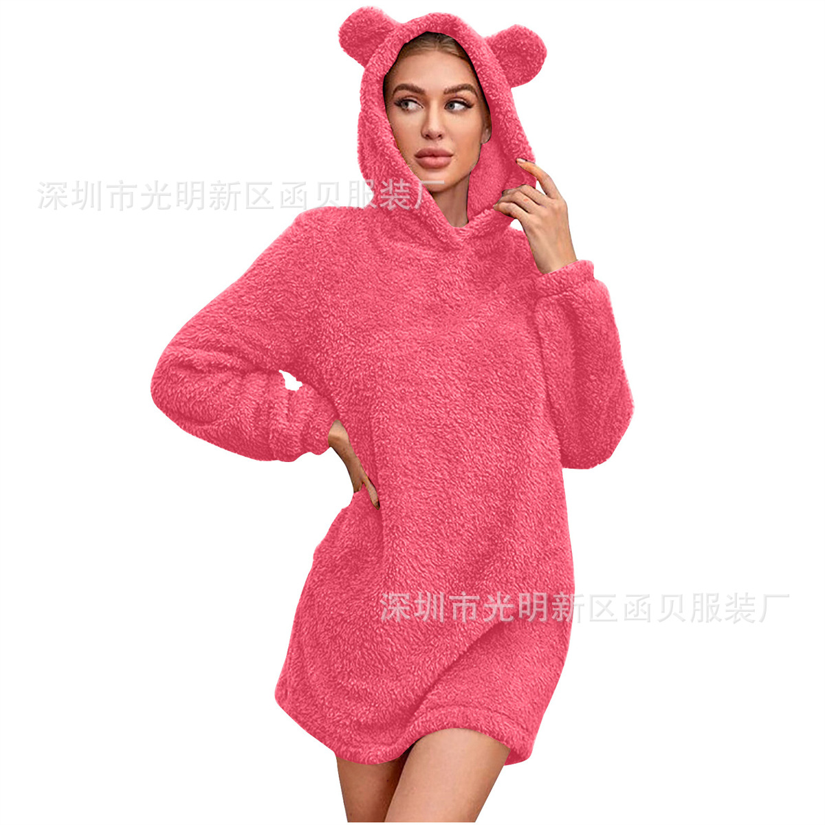 Picture of European and American Cross-border Amazon 2024 Autumn and Winter New Ear Hooded Loose Plush Long Sleeve Women's Wei Skirt Coat