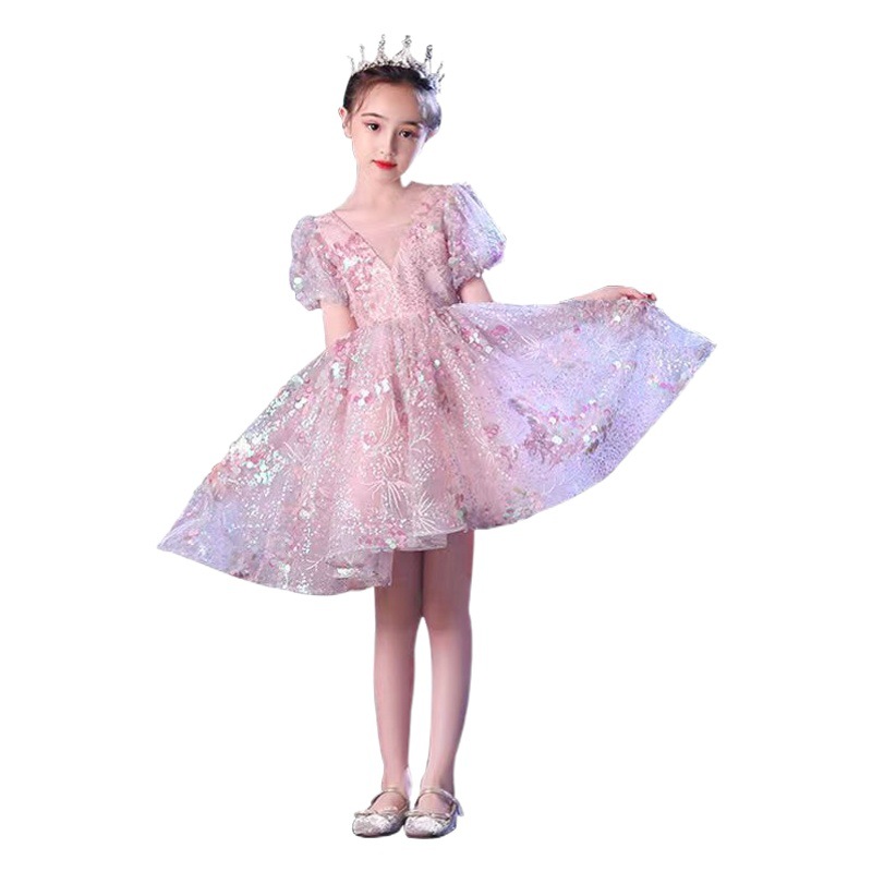 Amethyst Girls' In-Stock Dress High-End Princess Dress with Train, Flutter Sleeves, V-Neck, 2023 New Model Host Girl Fairy Dress