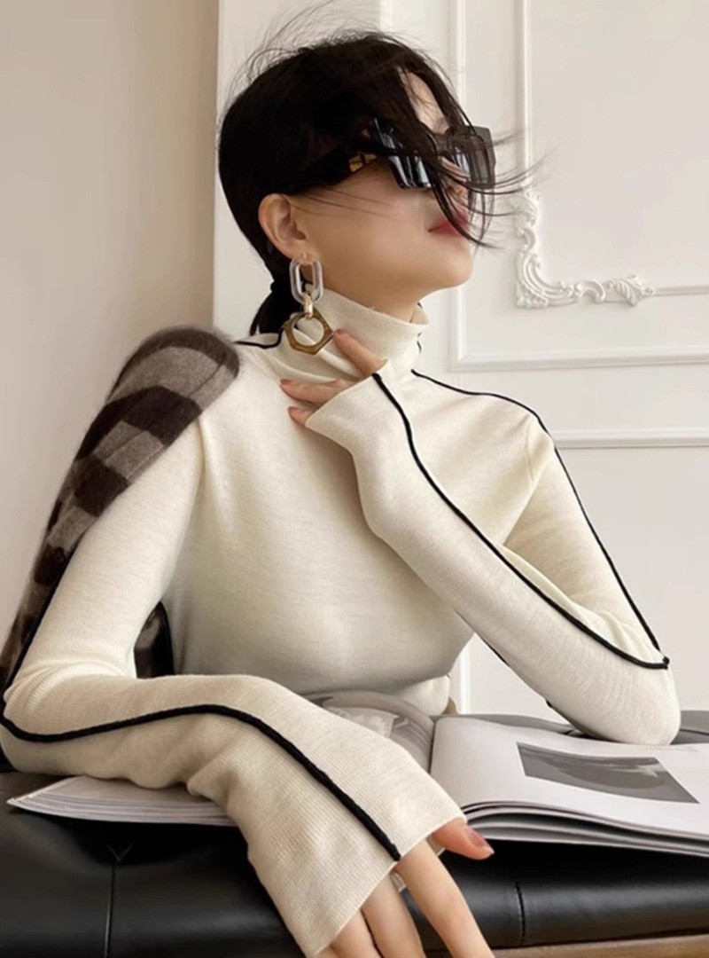 Korean style hiphop contrast color pile collar sweater women's autumn and winter slimming high-grade versatile soft glutinous turtleneck top fashion