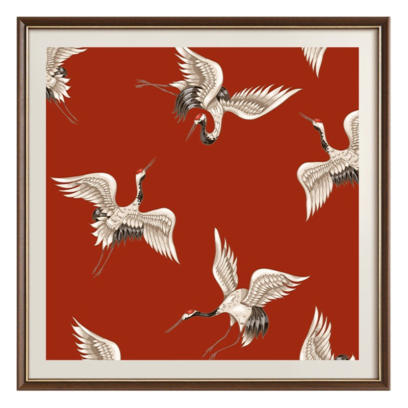 French retro crane red decorative painting new Chinese ancient style living room hallway mural bedroom bedside hanging painting