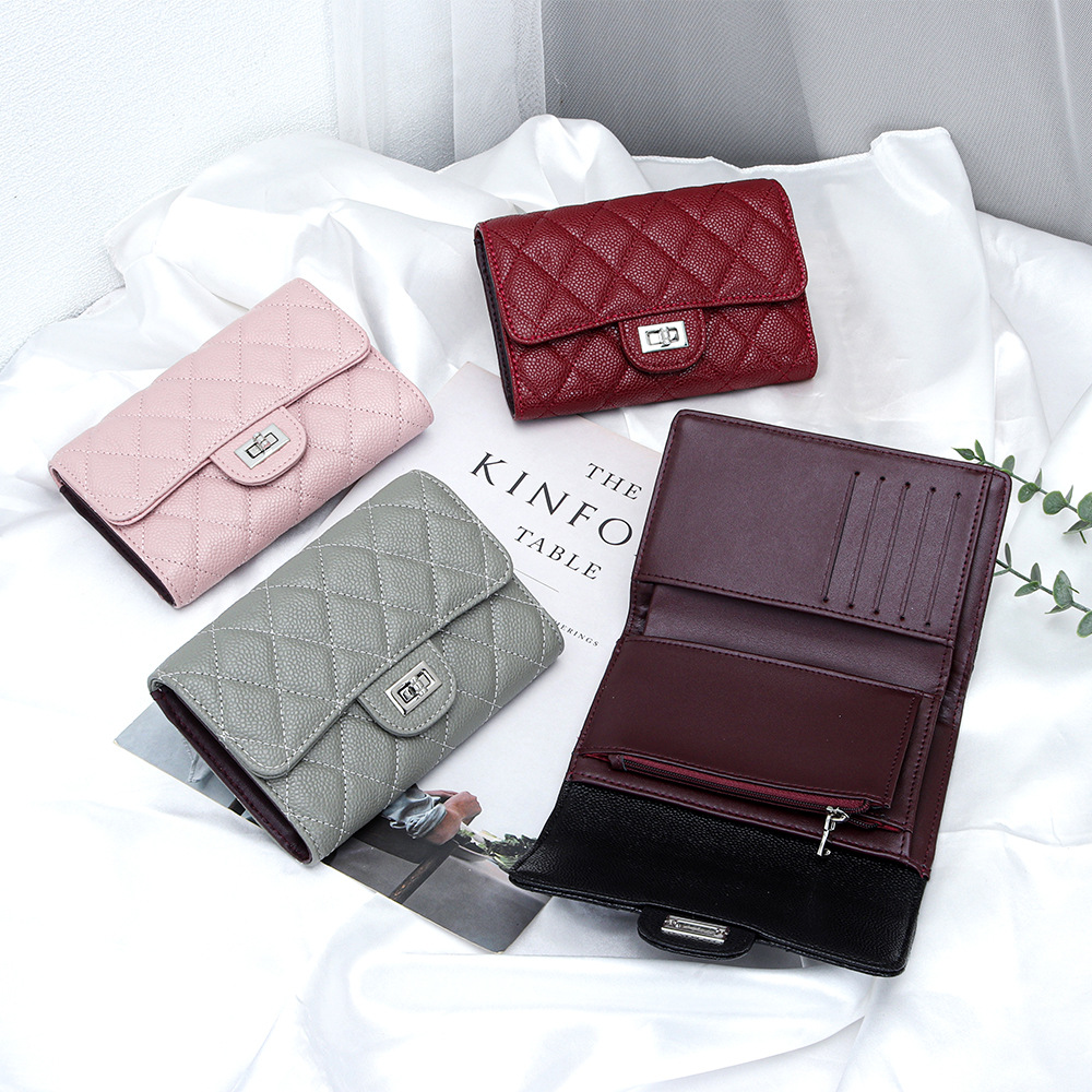 Kraft Caviar Pattern Short Wallet Women's 2025 New Triple Folding Large Capacity Short Wallet Multi-card Holder