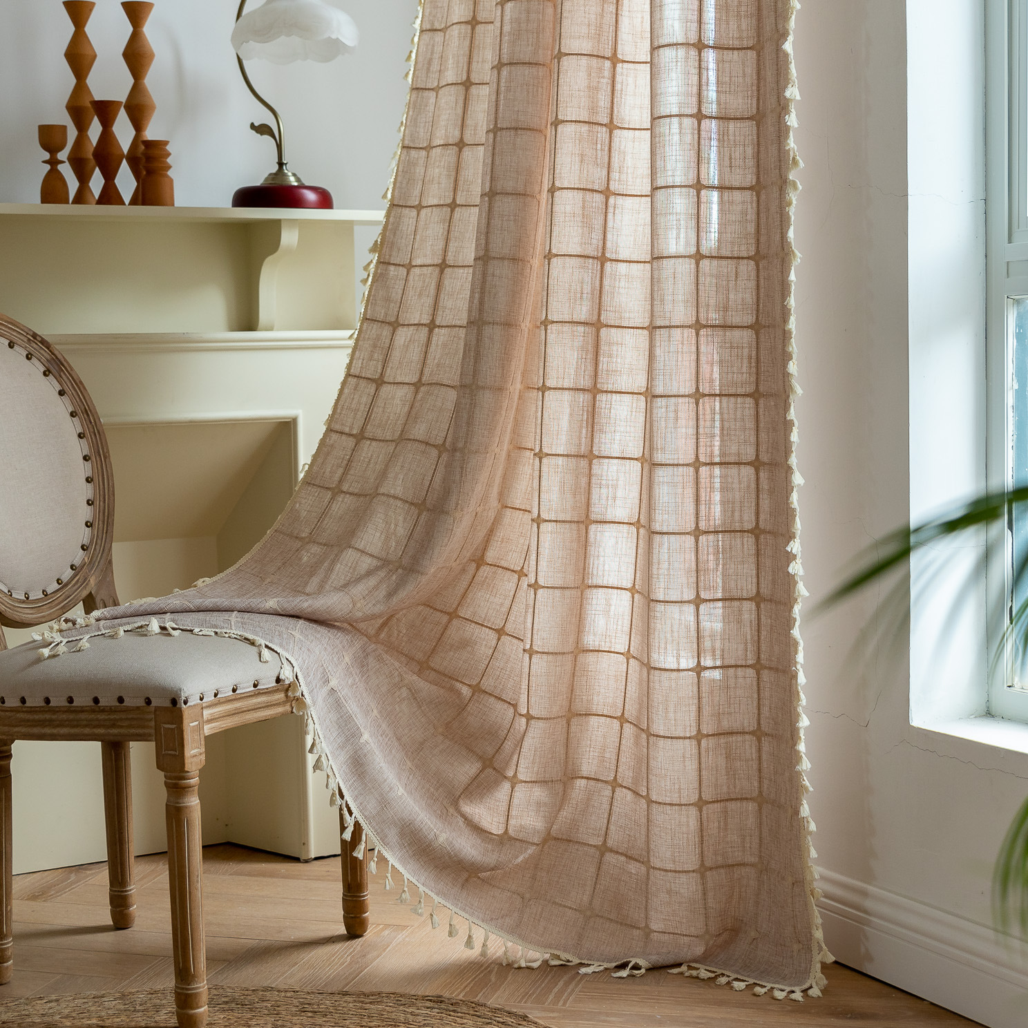Picture of US Amazon New Cross-border Curtain Finished Decoration Living Room Bedroom Tassel Brown Square Plaid Short Curtain