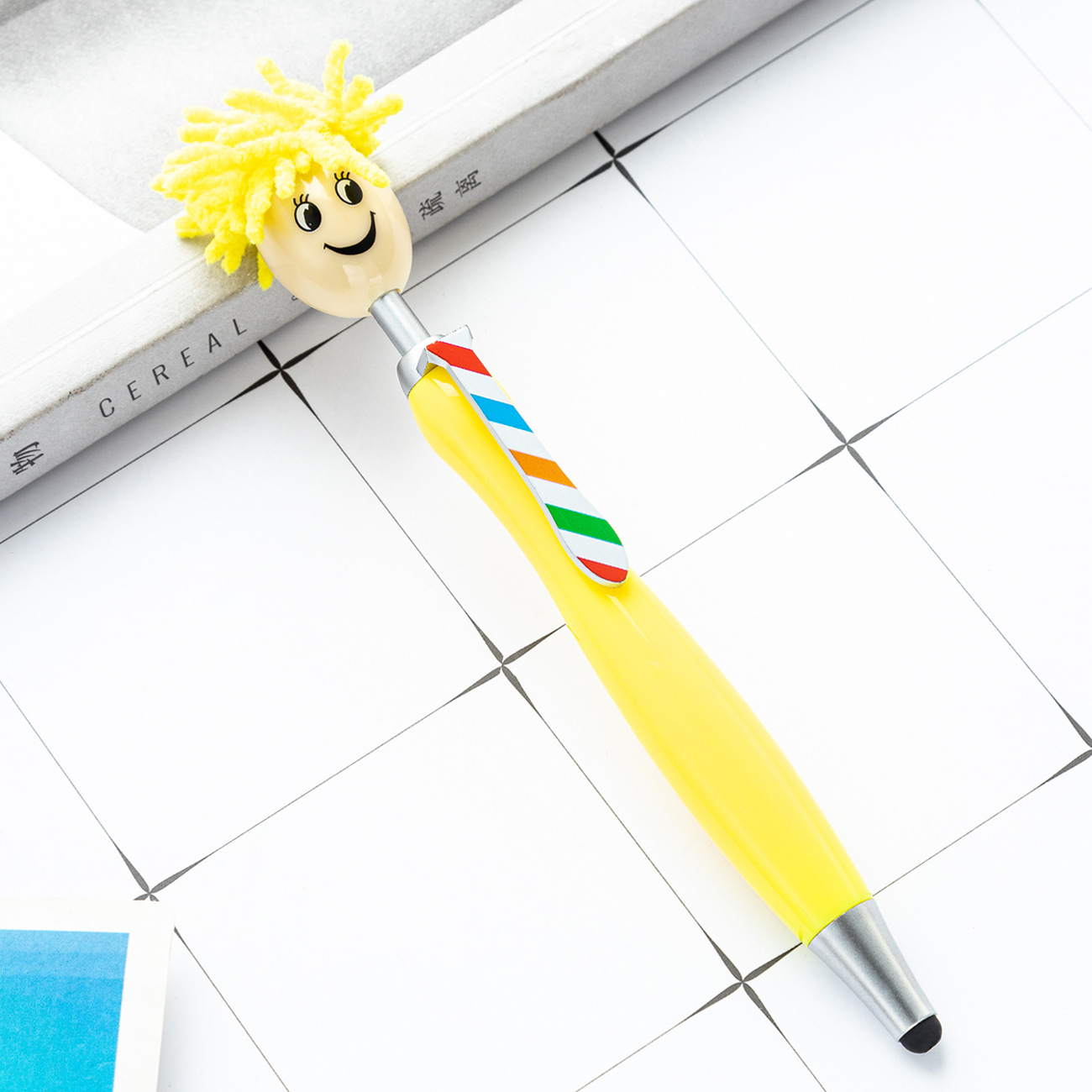 Picture of Cute plush doll head ballpoint pen printable logo three-dimensional cartoon smiley touch pen Christmas gift pen