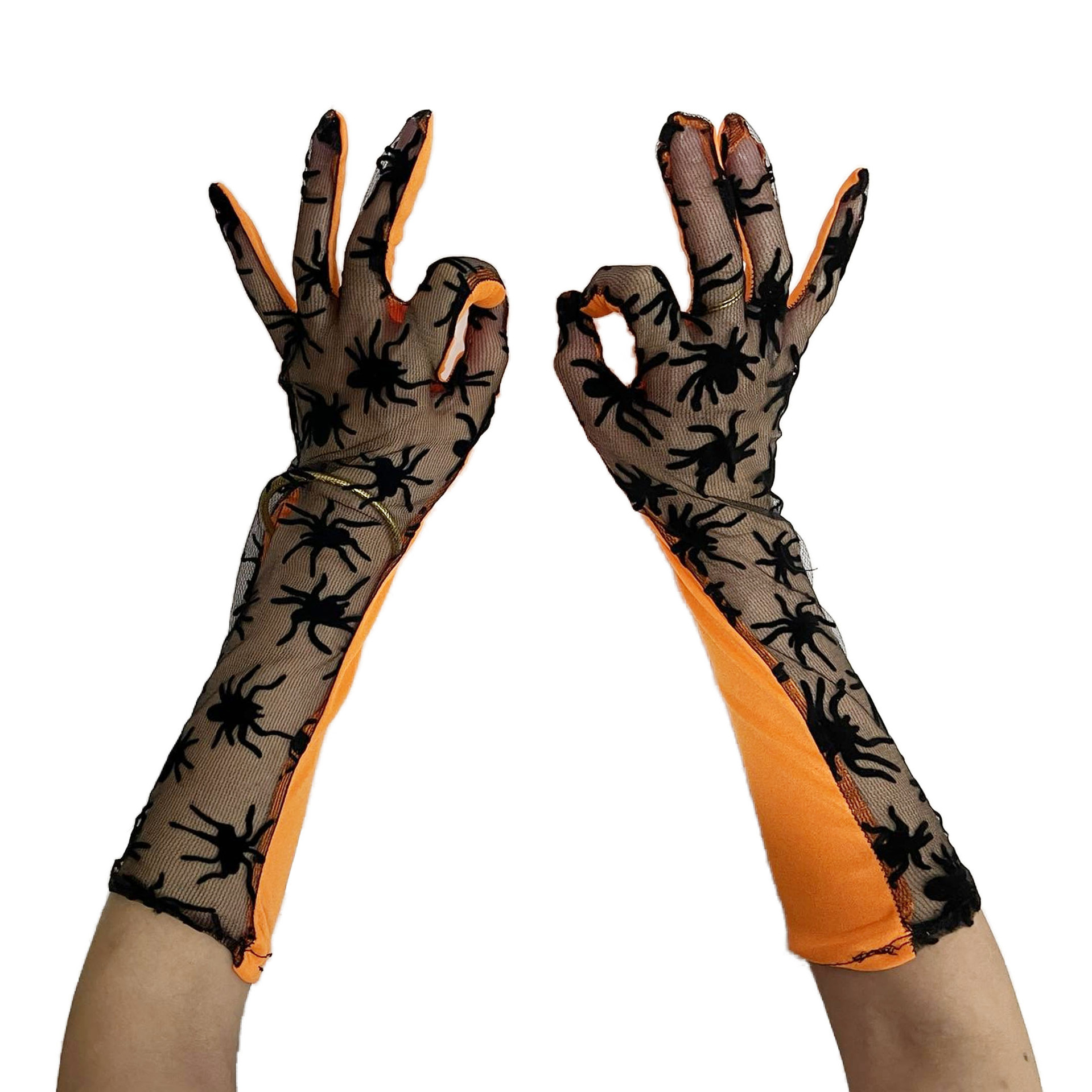 Orange Stitching Lace Spider Web Gloves Halloween Ladies Gloves Sleeve Long Gloves Halloween Dress Gloves