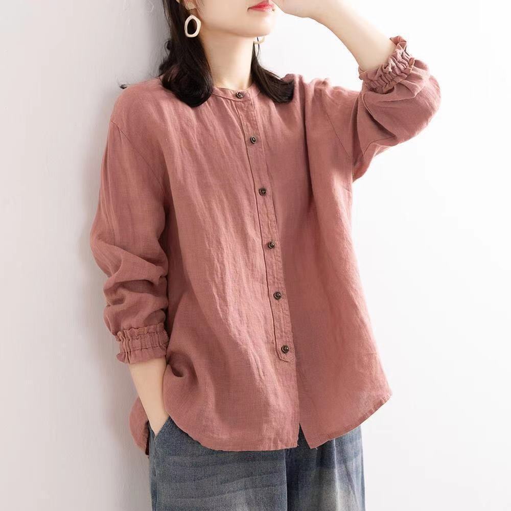 Picture of Artistic Retro 2024 Spring and Autumn Cotton and Linen Shirt Women's Loose Round Neck Shirt Jacket Casual Jacket Neck Sleeves