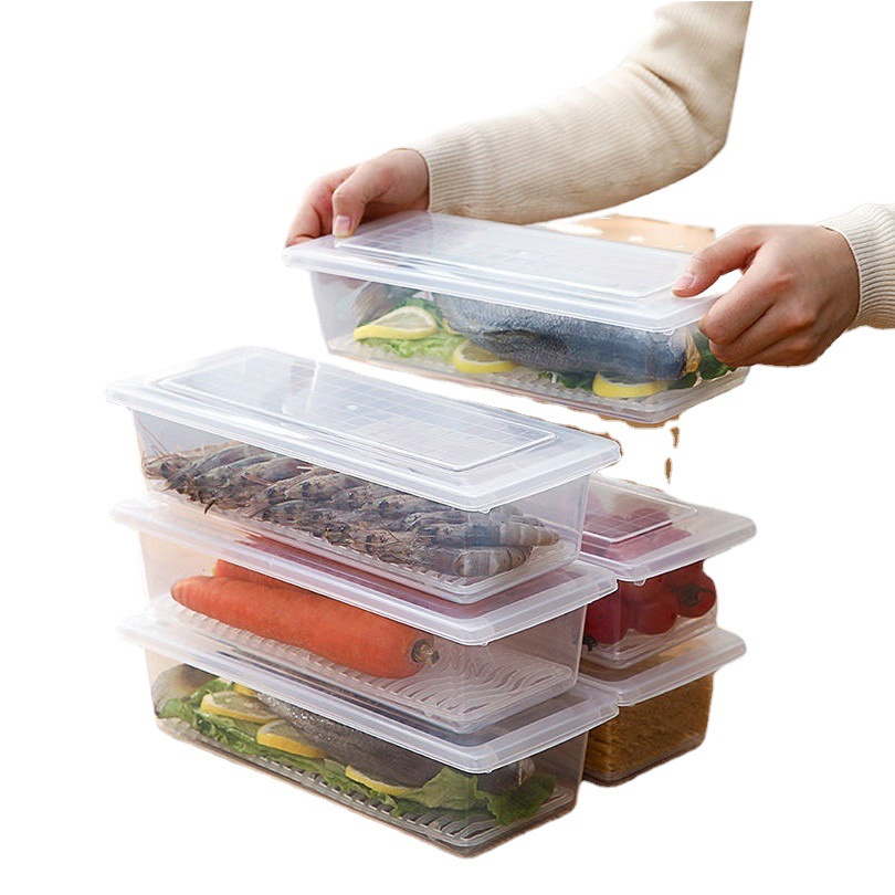 Refrigerator Frozen Fish Drain Cold Storage Box Sealed Fresh-keeping Box for Vegetables and Fruits Classification Plastic Rectangular Storage Box