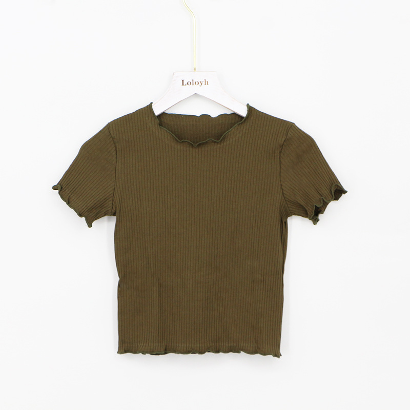 Picture of 2025 Spring and Summer New European and American Style Fashion Retro Fungus Edge Slim Short Short-Sleeved T-Shirt Tops for Women