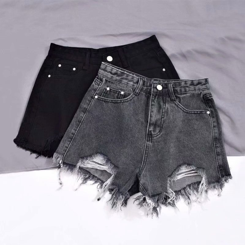 Summer High Waist Denim Shorts Women's Small 2025 New Arrival Black Grey All-Match Rashed Hot Pants
