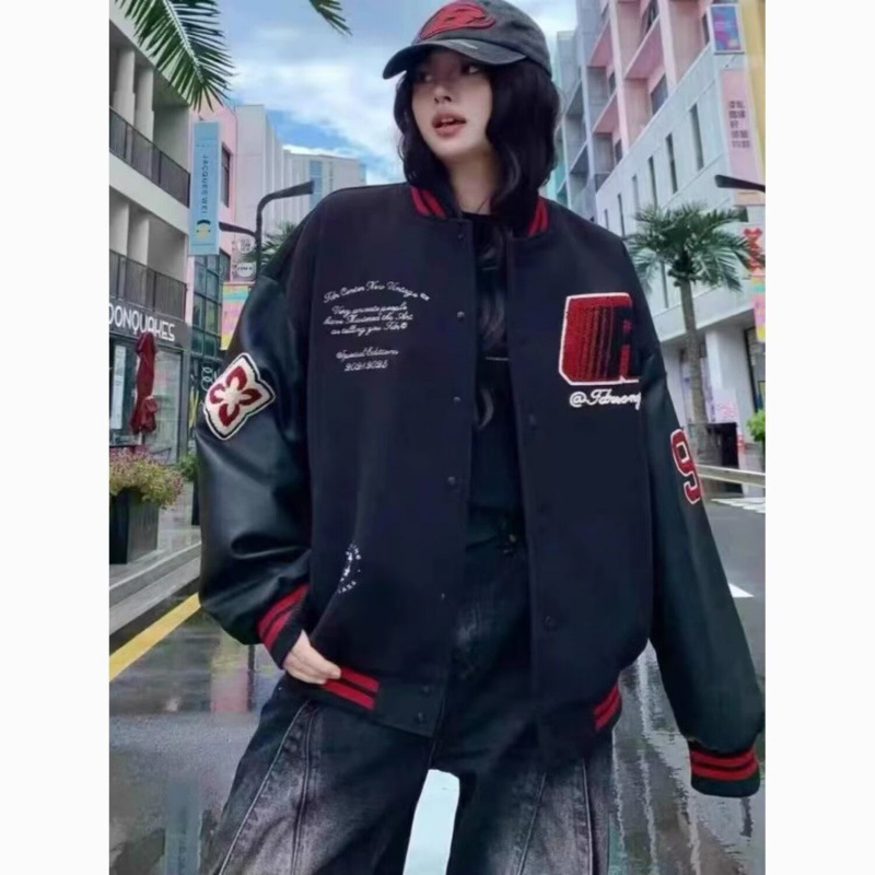 American-style High Street Letter Embroidered Baseball Suit Coat Women's Autumn and Winter Contrast Loose Jacket Couple's Top