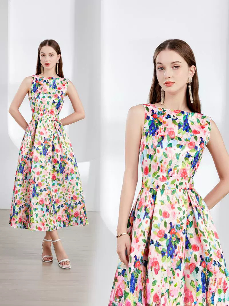 Cross-border temperament waist A- line large skirt 2024 sleeveless high waist dress three-dimensional tailoring waist A- line skirt