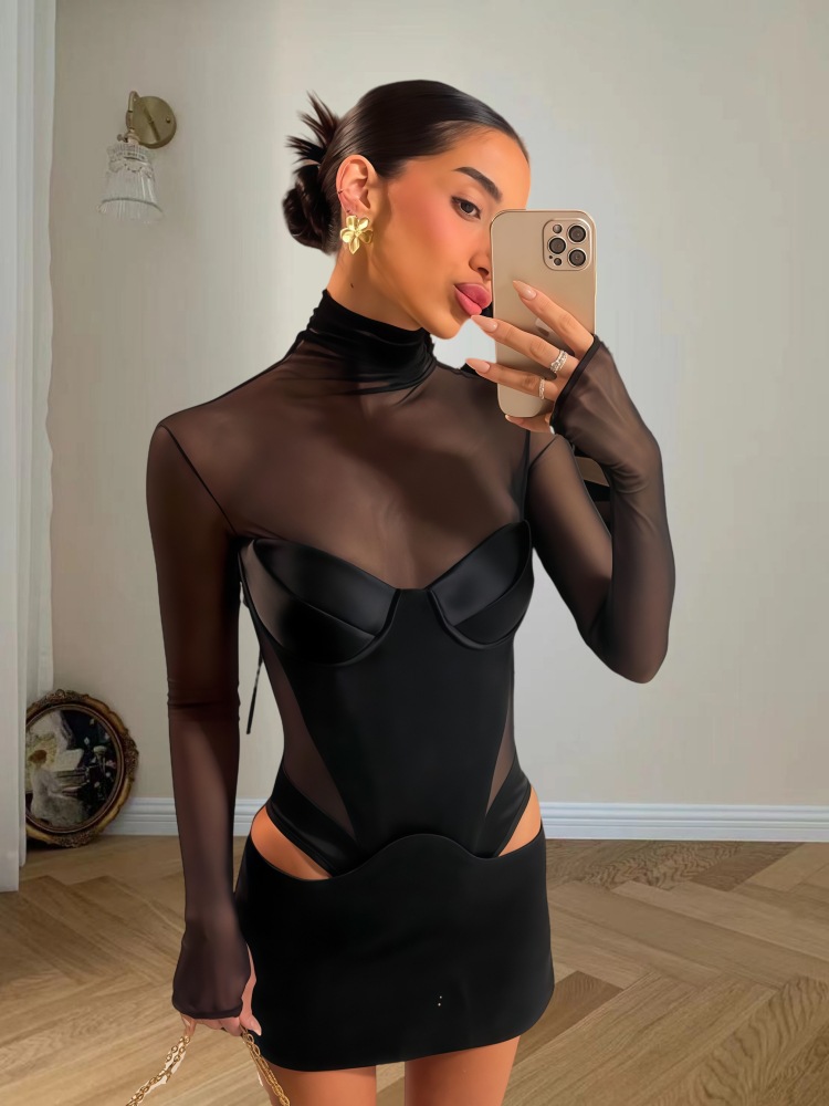 Elegant trend solid color gauze perspective dress women's 2025 spring new sexy exposed waist low-cut long sleeve skirt